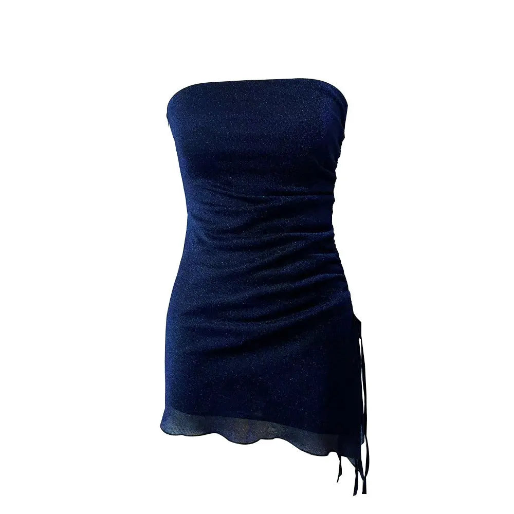 Ins Tube Top Dress With Drawstring Design Summer Backless Dresses For Women Party Club Clothing Convenient store