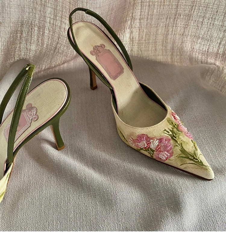 Vintage Pointed Embroidered High Heels - Convenient store