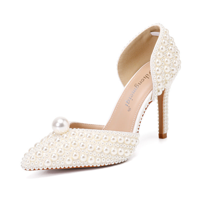 Women's Low-cut Pointed-toe Stilettos Pearl Wedding Shoes - Convenient store