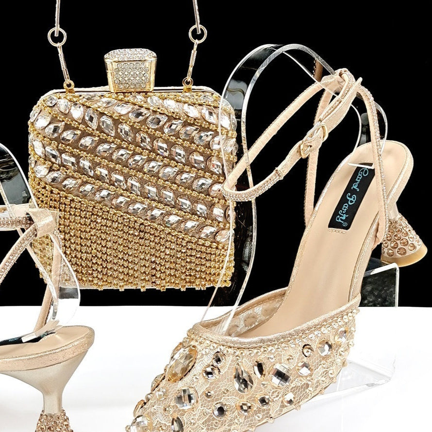 Large Rhinestone High Heel Sandals Three-dimensional Tassel Handbag Set - Convenient store