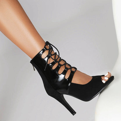 Suede Paint Leather Stitching Round Toe High Heel Sandal Boots - Convenient store