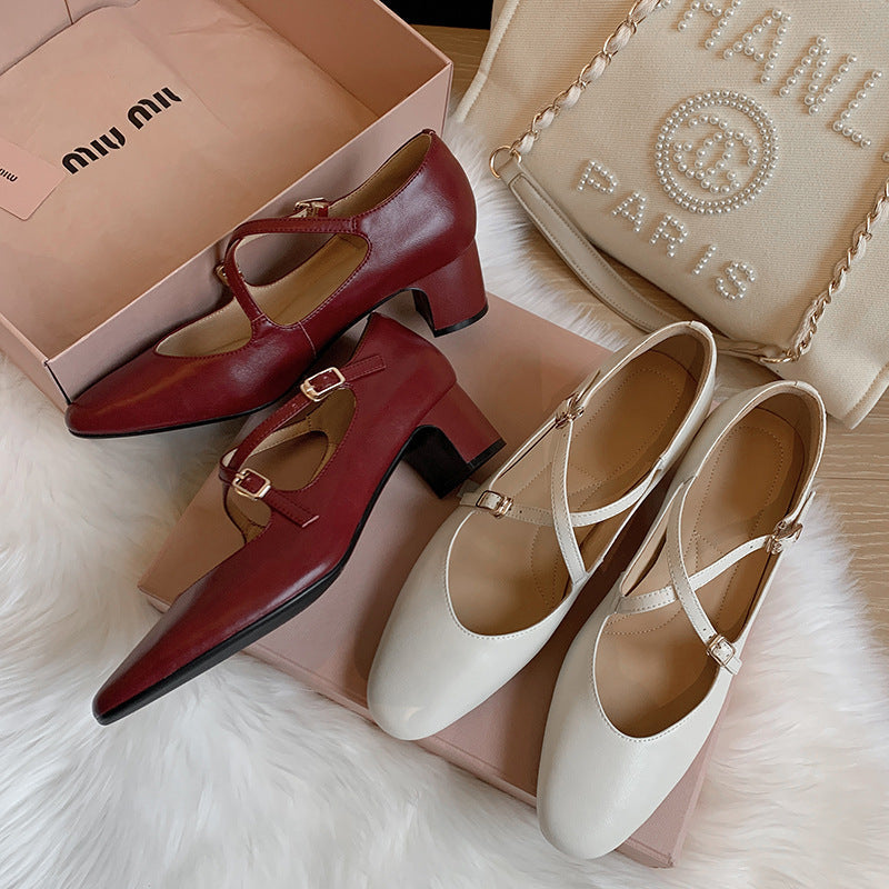 High Heel Soft Bottom Mid Heel Chunky Heel Low-cut Shoes - Convenient store