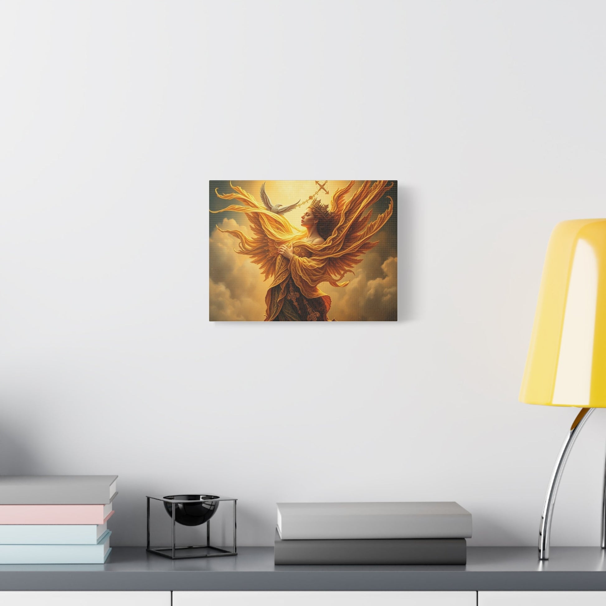 Angelic figure with radiant golden wings on a warm-toned stretched canvas wall art.