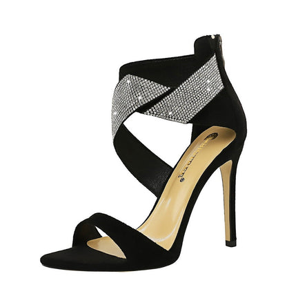 Suede cross rhinestone high heels - Convenient store
