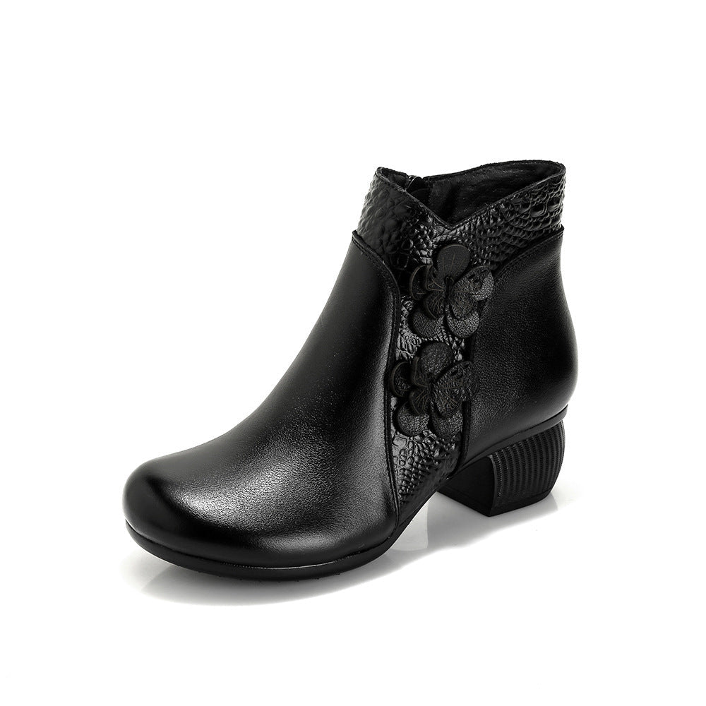 Soft Surface Cattlehide Leather Fashion Medium Chunky Heel Flower Martin Boots - Convenient store