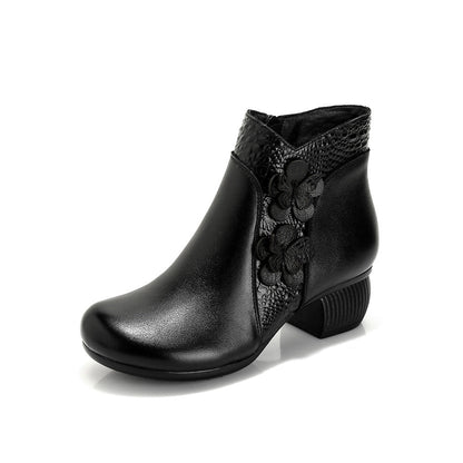 Soft Surface Cattlehide Leather Fashion Medium Chunky Heel Flower Martin Boots - Convenient store