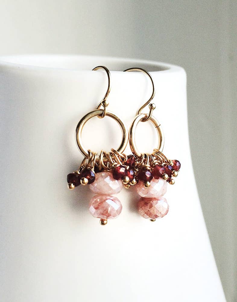 Peach Moonstone and Garnet Earrings | Dainty Drop Earrings