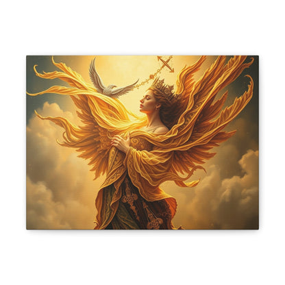 Angelic woman with luminous golden wings and flowing robe against a warm sunset sky, with a dove overhead.