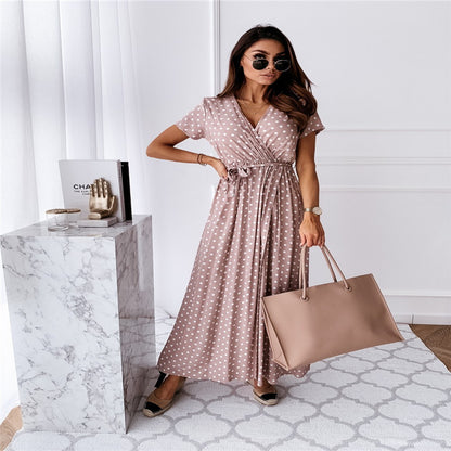 V-neck Bohemian Polka Dot Print Dress Long Skirt - Convenient store
