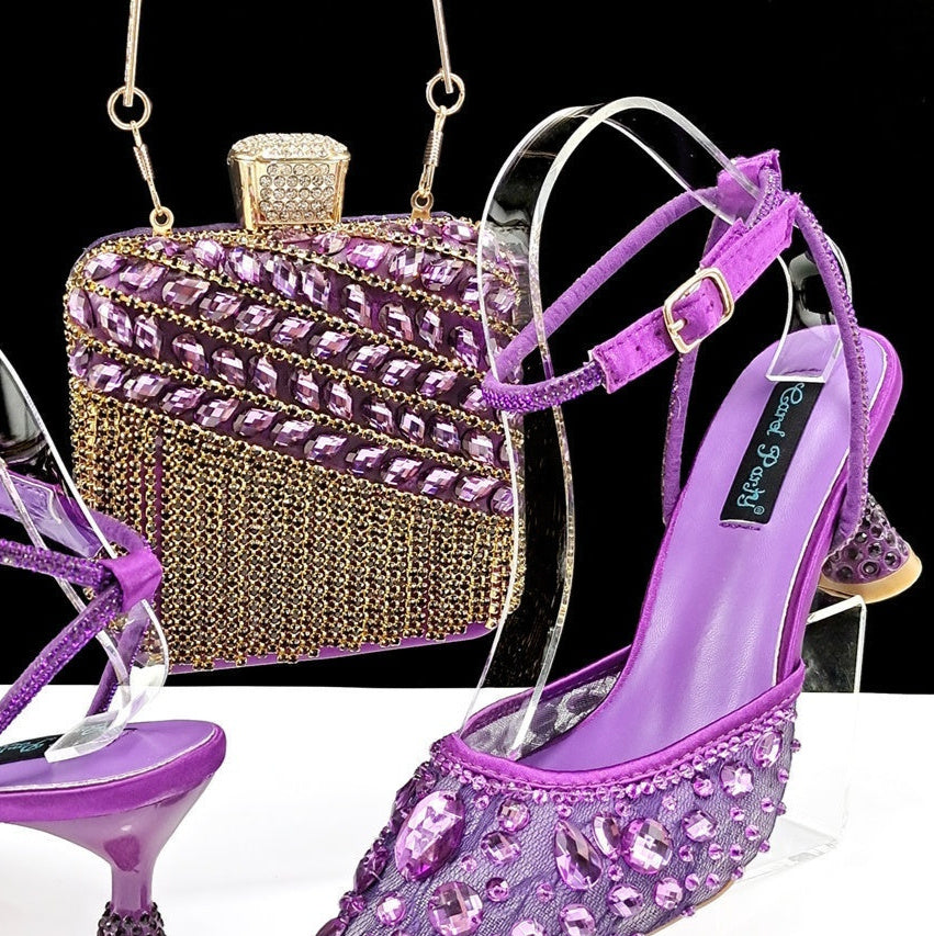 Large Rhinestone High Heel Sandals Three-dimensional Tassel Handbag Set - Convenient store