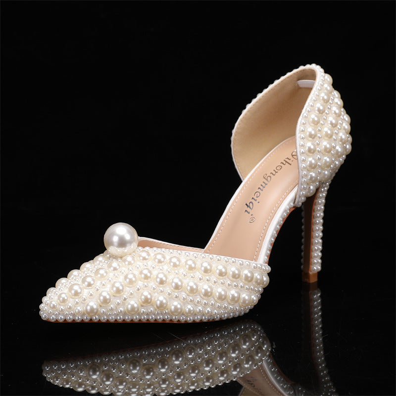 Women's Low-cut Pointed-toe Stilettos Pearl Wedding Shoes - Convenient store