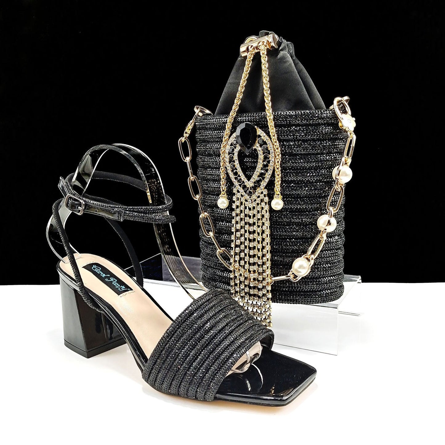 Square Toe Chunky Heel High Heels 8cm With Cylinder Handbag Shoes Bag Suit - Convenient store