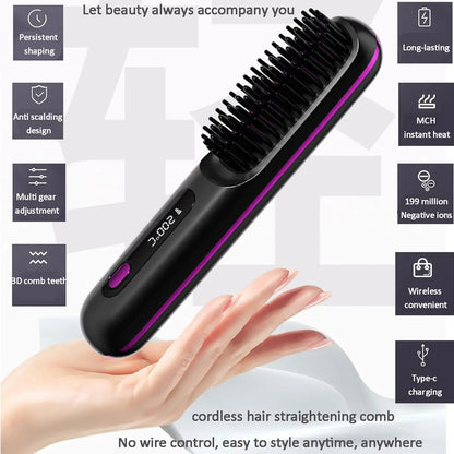 S7 Portable Cordless Hair Straightening Brush With LED Display - Lightweight Mini Negative Ion Hot Brush, USB Rechargeable Women's Travel Essentials Gift, Scald Protection - Convenient store