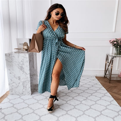 V-neck Bohemian Polka Dot Print Dress Long Skirt - Convenient store