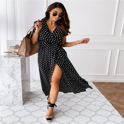 V-neck Bohemian Polka Dot Print Dress Long Skirt - Convenient store