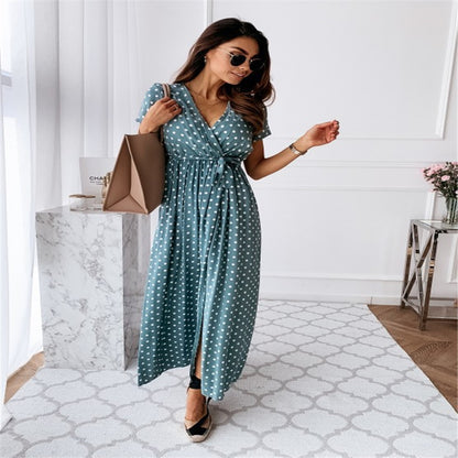 V-neck Bohemian Polka Dot Print Dress Long Skirt - Convenient store