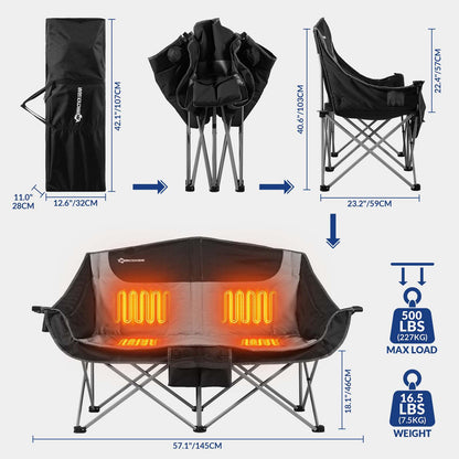ANTARCTICA GEAR Heated Double Camping Chair, 2-Person Folding Chair Heated Portable Loveseat Chair