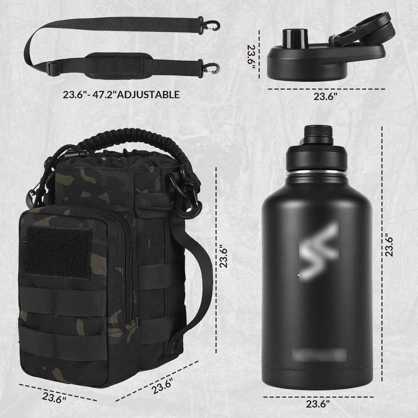 Votagoo 64Oz Half Gallon Stainless Steel Insulated Tactical Water Bottle with Metal Military Water Bottle Tactical Carrier Bag