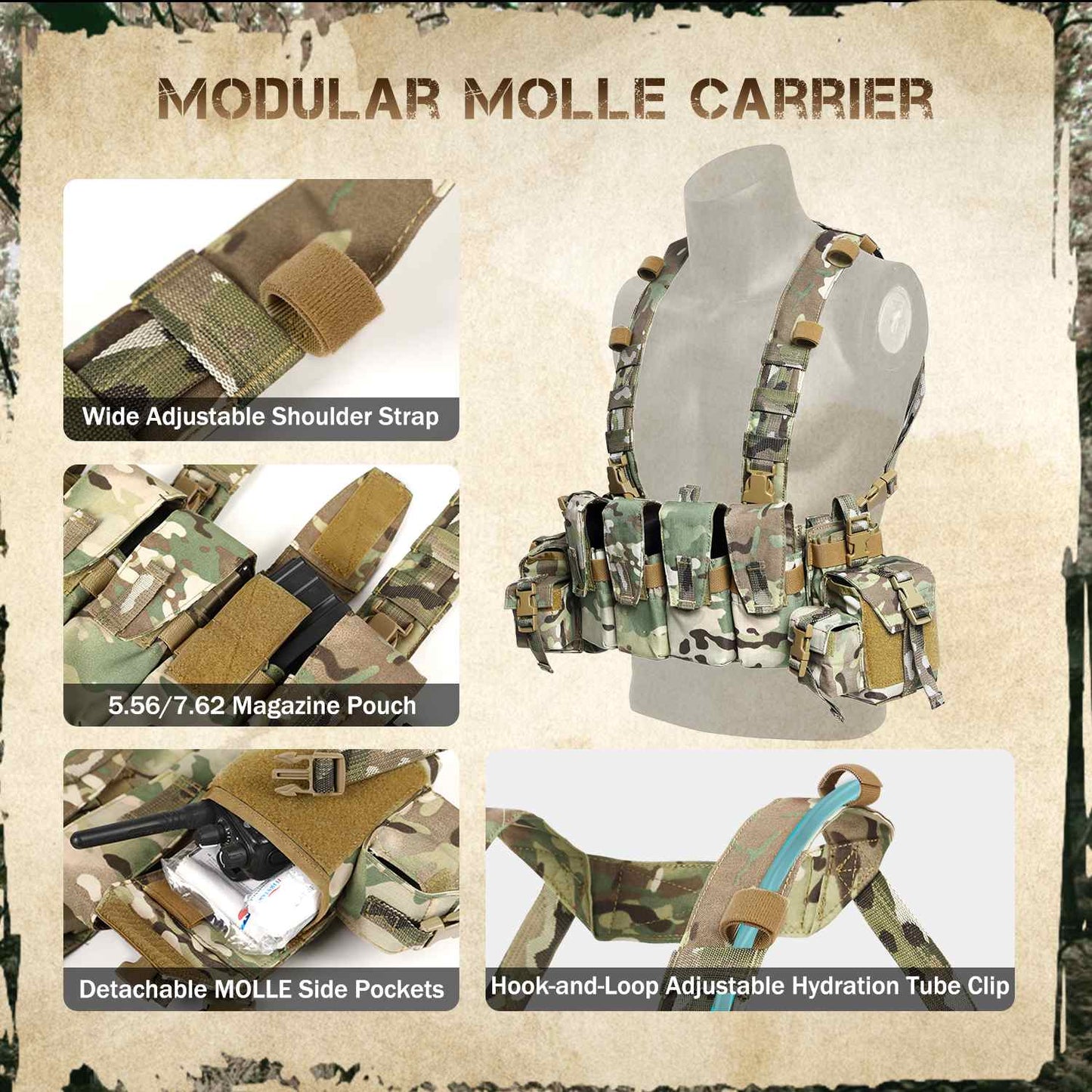 Votagoo Tactical Chest Rig with 5.56/7.62 Magazine Pouches & Detachable MOLLE System