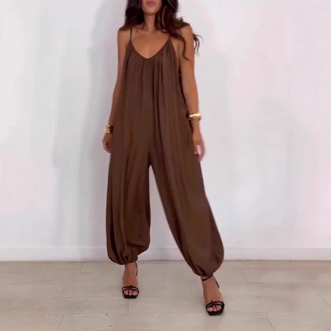 Loose Casual Solid Color Hollow-out Camisole Women's Jumpsuit