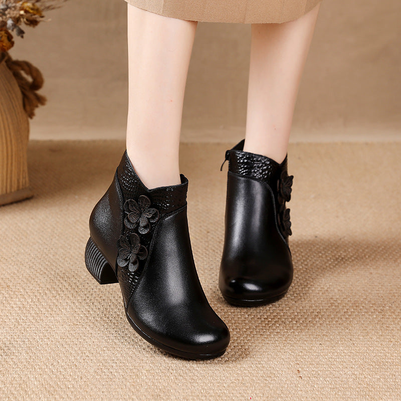 Soft Surface Cattlehide Leather Fashion Medium Chunky Heel Flower Martin Boots - Convenient store