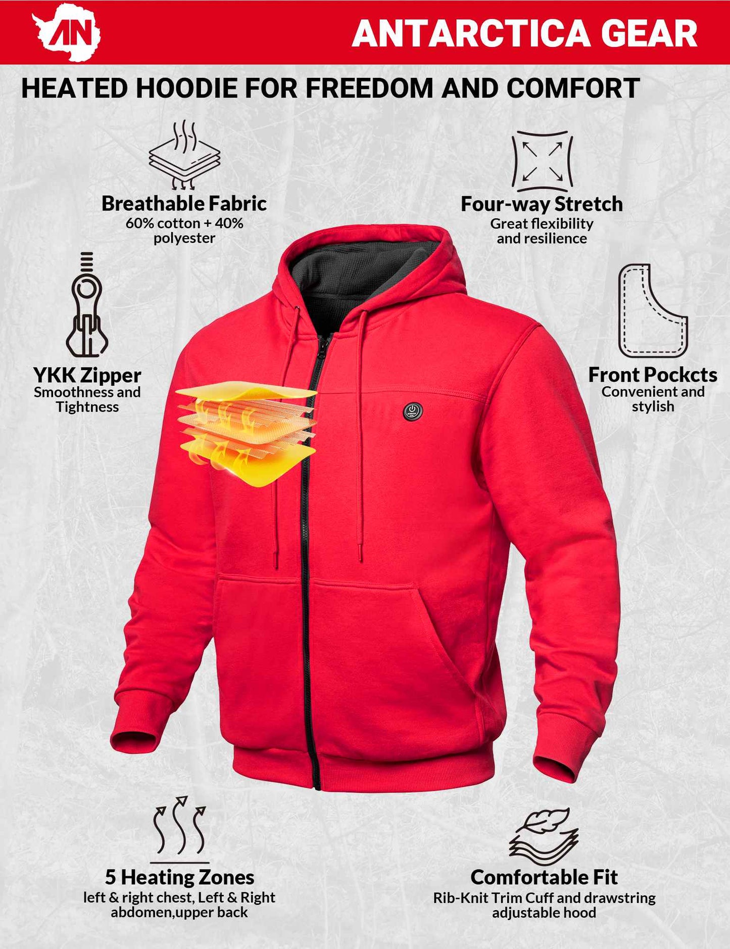 ANTARCTICA GEAR Heated Hoodie Sweater for Men with 12V 20000mAh Battery Pack