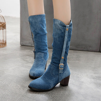 Middle Denim Women's High Heels High Boots - Convenient store