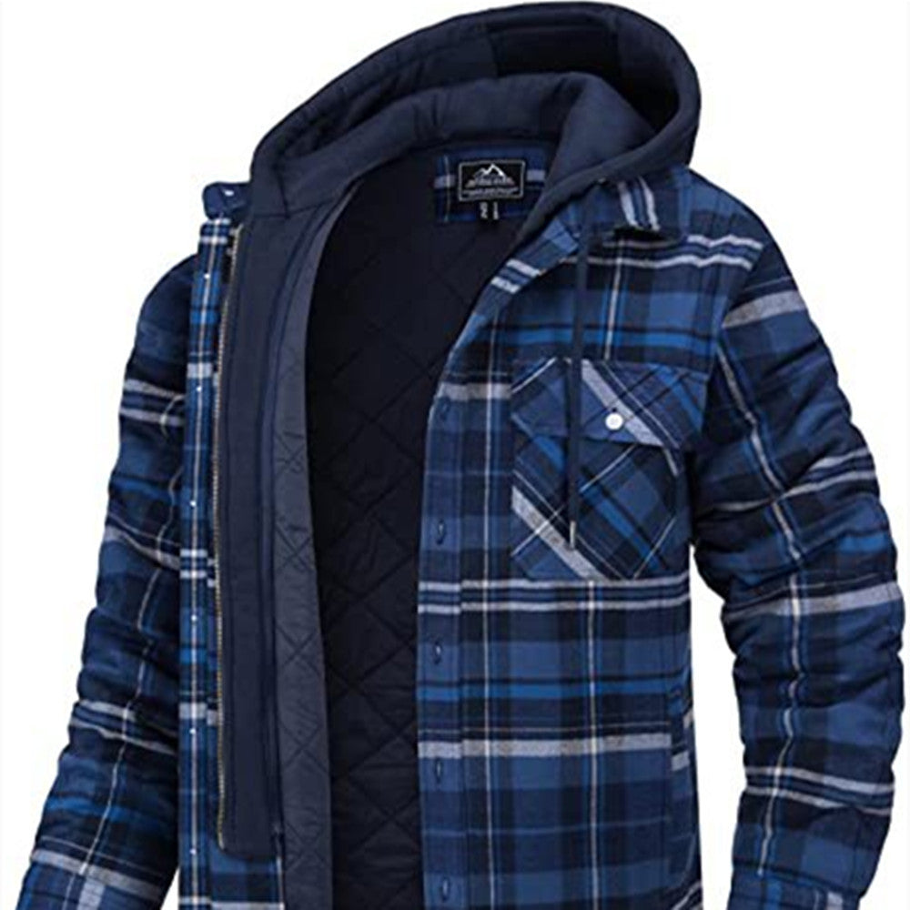 Casual Thick Padded Men's Plaid Hooded Jacket