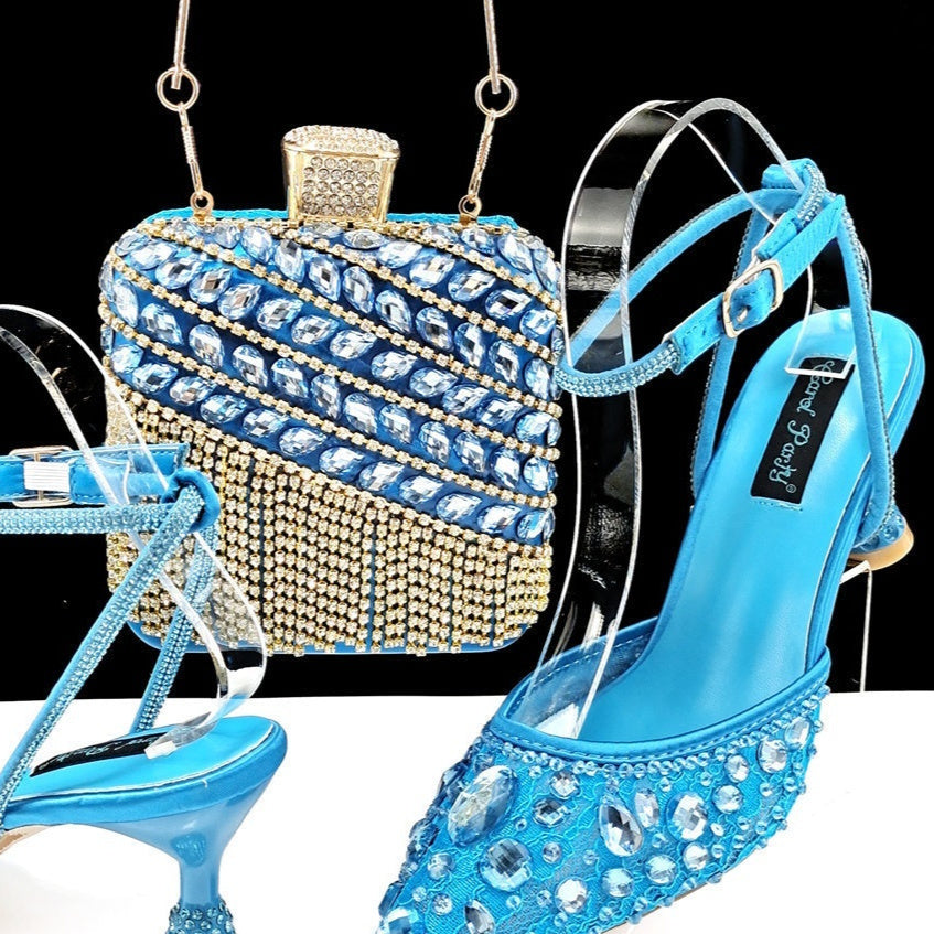 Large Rhinestone High Heel Sandals Three-dimensional Tassel Handbag Set - Convenient store