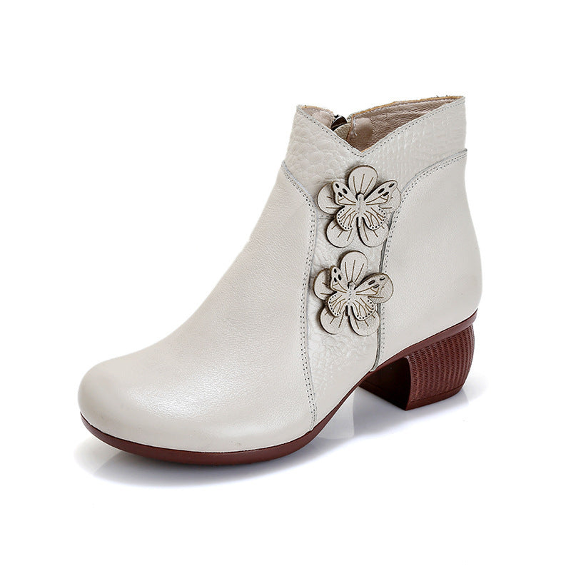 Soft Surface Cattlehide Leather Fashion Medium Chunky Heel Flower Martin Boots - Convenient store