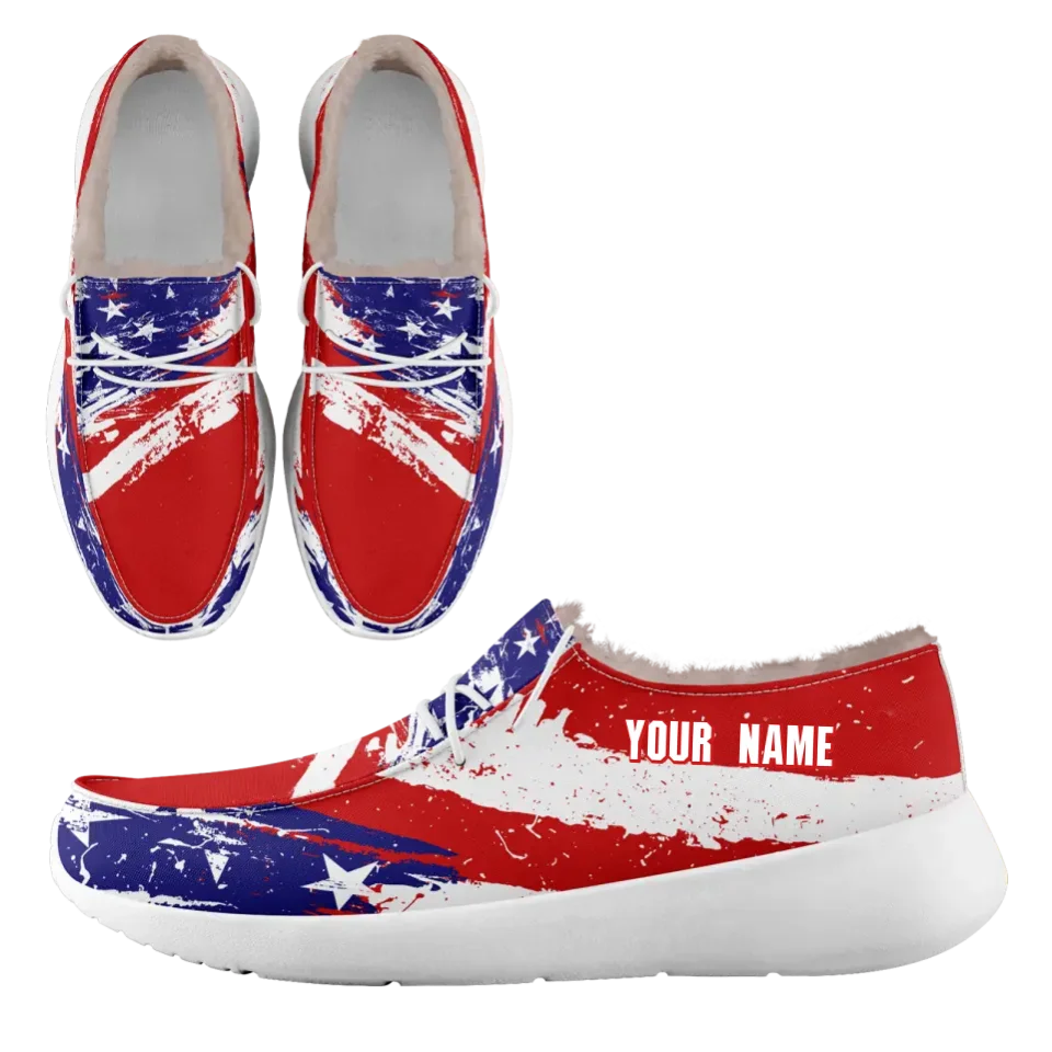 Personalized USA Flag Sneakers, Custom Stars and Stripes Loafer Shoes, Fur Lining Shoe, Pride in Comfort,FN042-24020304-1w