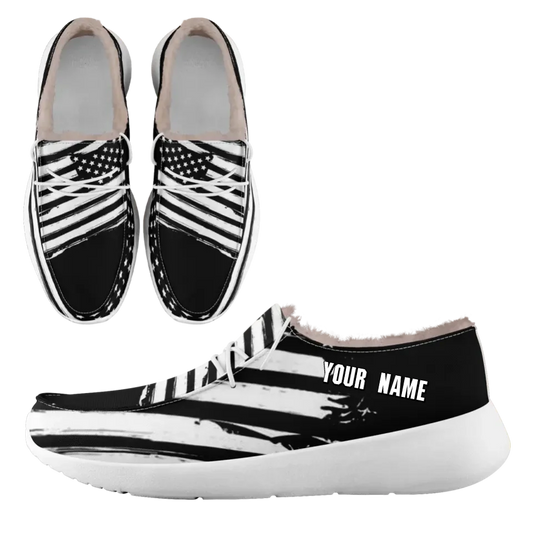 Personalized USA Flag Sneakers, Custom Stars and Stripes Loafer Shoes, Fur Lining Shoe, Pride in Comfort,FN042-24020304-3w