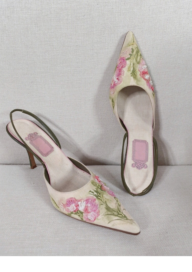 Vintage Pointed Embroidered High Heels - Convenient store