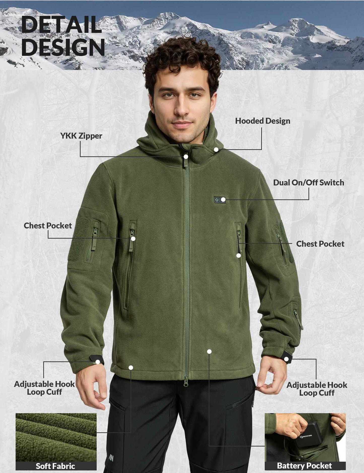 ANTARCTICA GEAR Fleece Heating Jacket, Fit Zip Hood Winter Jacket For Men