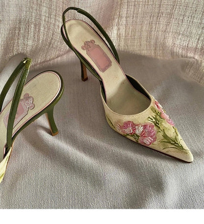 Vintage Pointed Embroidered High Heels - Convenient store