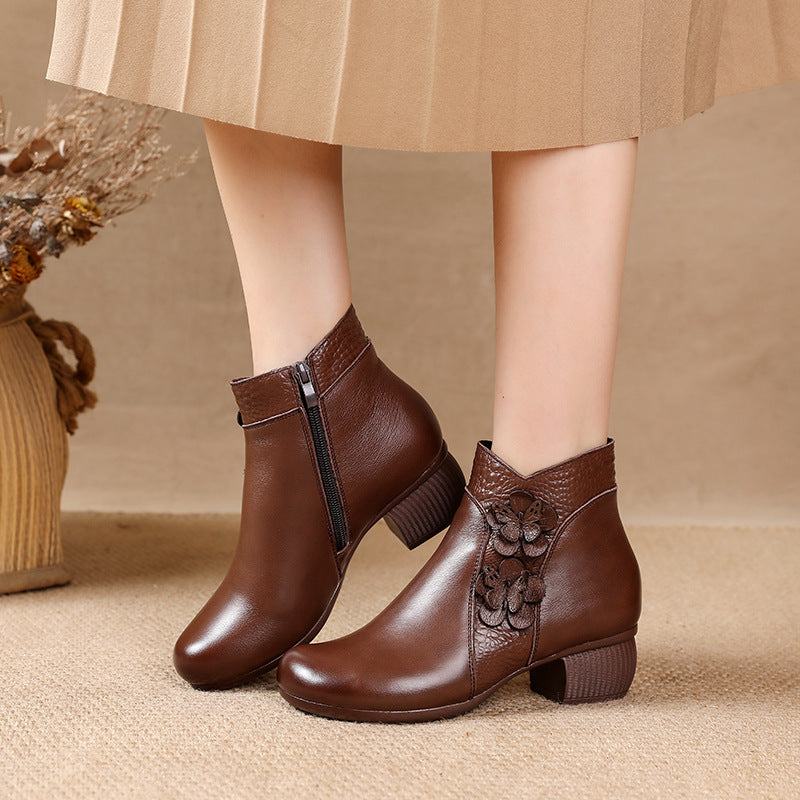 Soft Surface Cattlehide Leather Fashion Medium Chunky Heel Flower Martin Boots - Convenient store