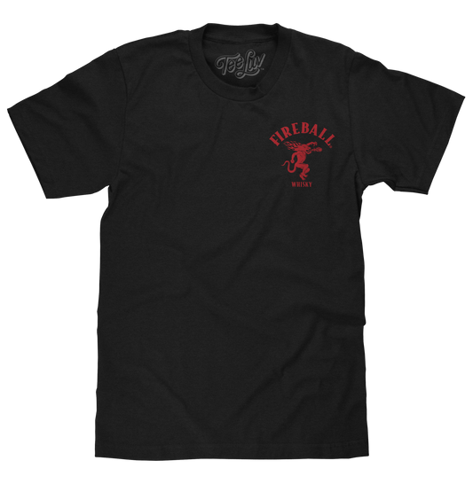 Fireball Whisky Left Chest Front and Back Dragon Mascot Logo T-Shirt - Black