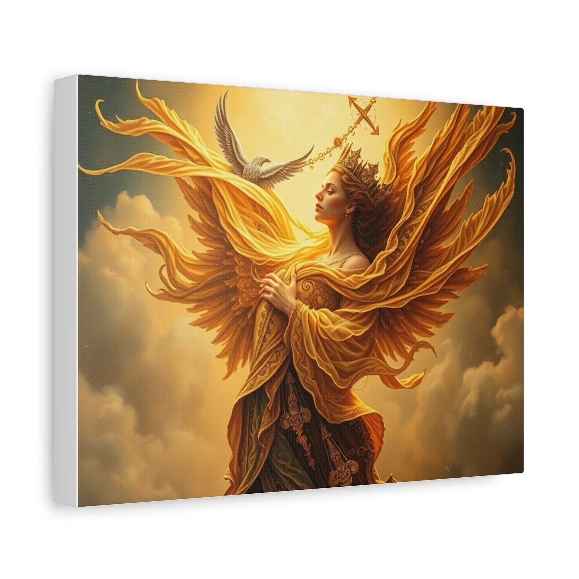 Angelic canvas print featuring a crowned woman with flowing golden wings in warm, inspirational wall art.