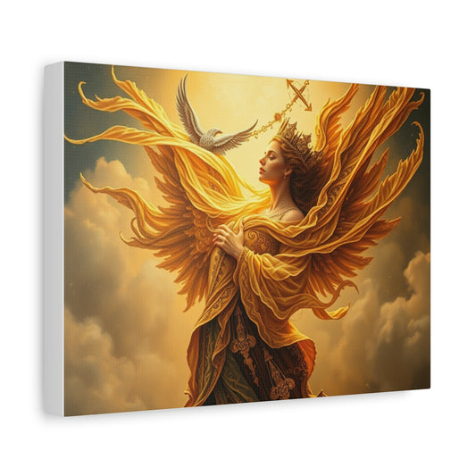 Angelic canvas print featuring a crowned woman with flowing golden wings in warm, inspirational wall art.