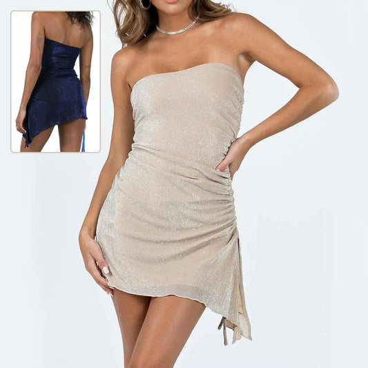 Ins Tube Top Dress With Drawstring Design Summer Backless Dresses For Women Party Club Clothing Convenient store