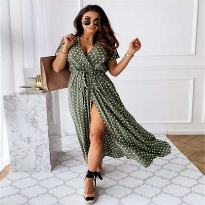 V-neck Bohemian Polka Dot Print Dress Long Skirt - Convenient store