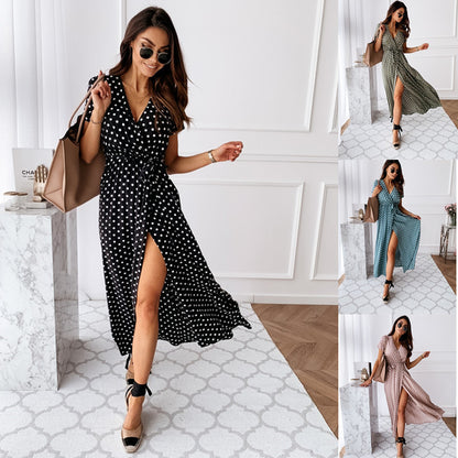 V-neck Bohemian Polka Dot Print Dress Long Skirt - Convenient store