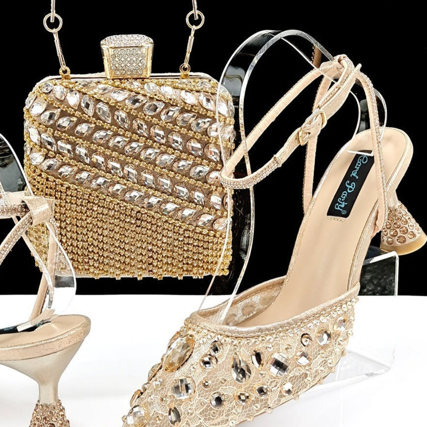 Large Rhinestone High Heel Sandals Three-dimensional Tassel Handbag Set - Convenient store