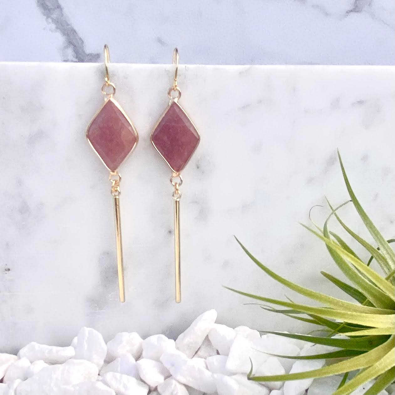 Rose Quartz Diamond Bar Earrings