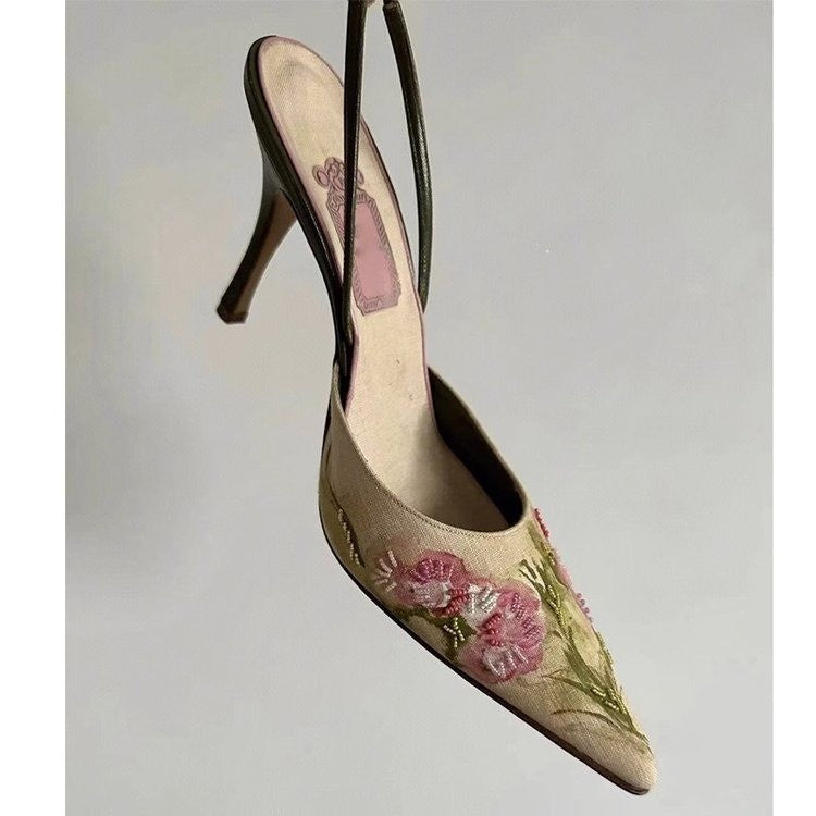 Vintage Pointed Embroidered High Heels - Convenient store