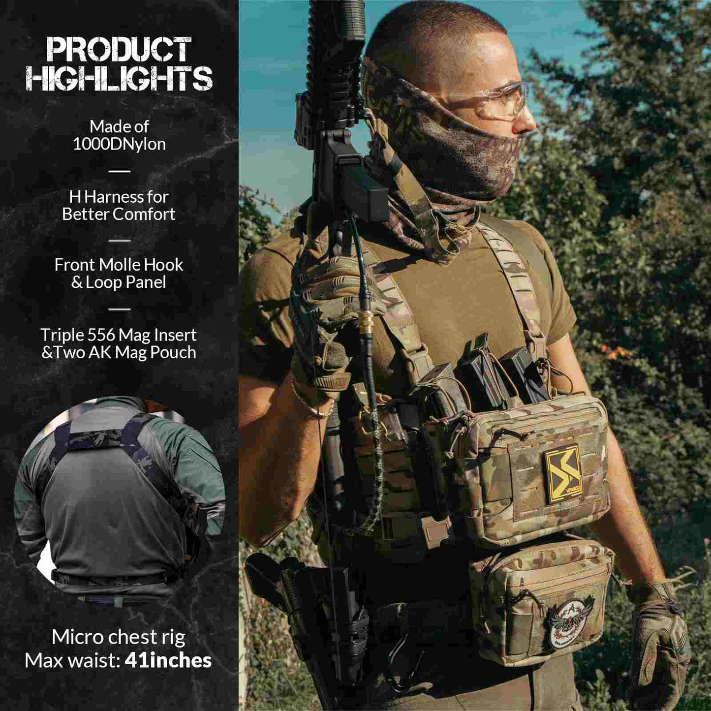 Votagoo Tactical Chest Rig，Molle Modular Micro Fight Chest Rigs Adjustable&Detachable with 5.56/7.62 Magazine Pouch