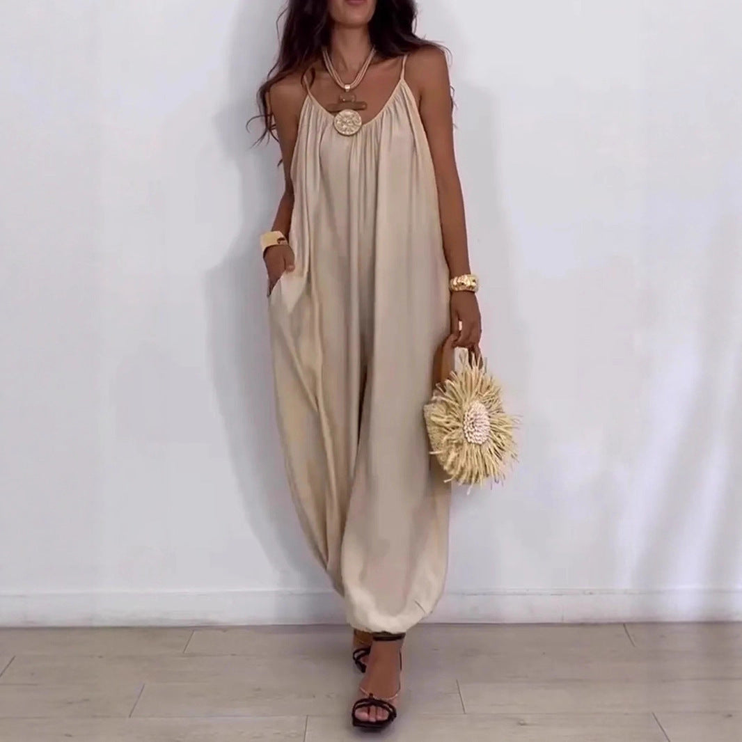 Loose Casual Solid Color Hollow-out Camisole Women's Jumpsuit