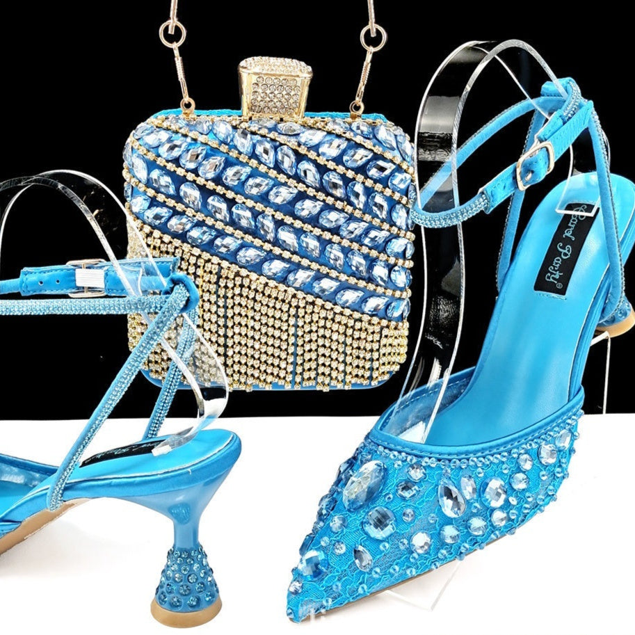 Large Rhinestone High Heel Sandals Three-dimensional Tassel Handbag Set - Convenient store