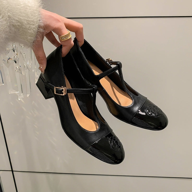 Round Toe Mary Jane Shoes Women's Shallow Mouth Pumps Camellia Chunky Heel - Convenient store