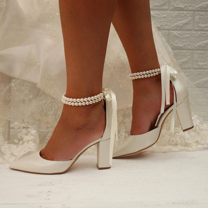 New Spring And Summer Wedding Pointed Women's Chunky Heel Pearl Ribbon Plus Size Shoes - Convenient store